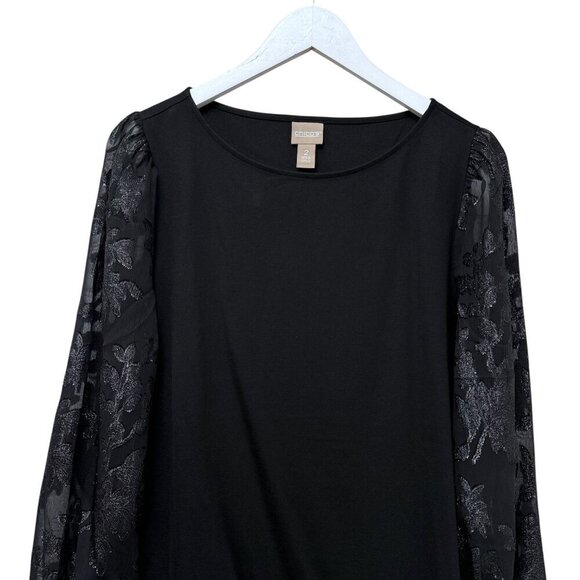 CHICO'S Womens Evening Top Large (Chicos 2) Black Tee Shimmer Sheer Sleeves NWOT - Picture 3 of 9